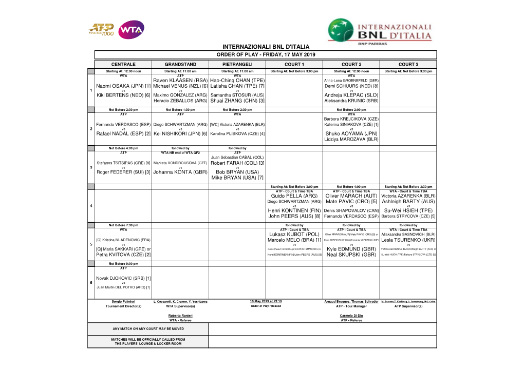 Internazionali Bnl D'italia Order of Play - Friday, 17 May 2019