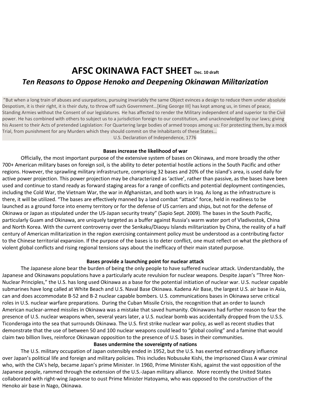 AFSC OKINAWA FACT SHEET Dec. 10 Draft Ten Reasons to Oppose Henoko and Deepening Okinawan Militarization