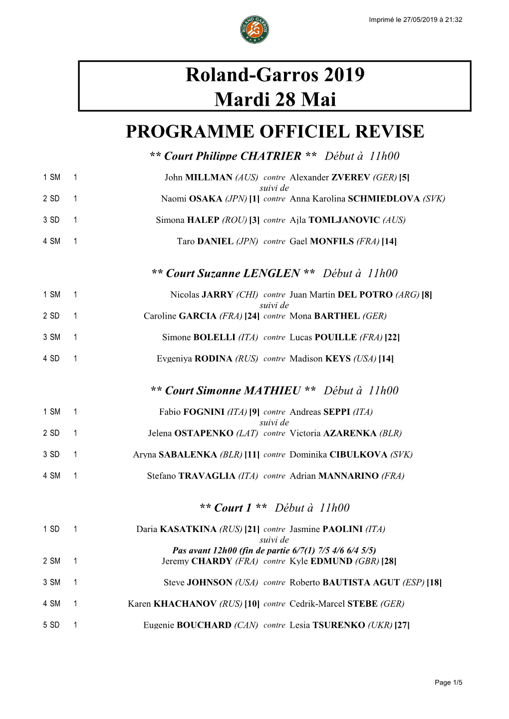 Roland-Garros 2019 Mardi 28 Mai PROGRAMME OFFICIEL REVISE ** Court Philippe CHATRIER ** Début À 11H00