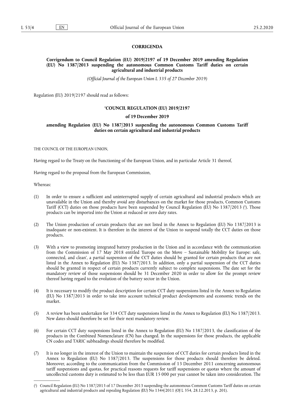 2019/2197 of 19 December 2019 Amending Regulation (EU) No 1387