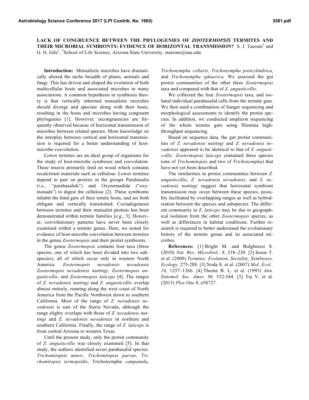 Lack of Congruence Between the Phylogenies of Zootermopsis Termites and Their Microbial Symbionts: Evidence of Horizontal Transmission? S