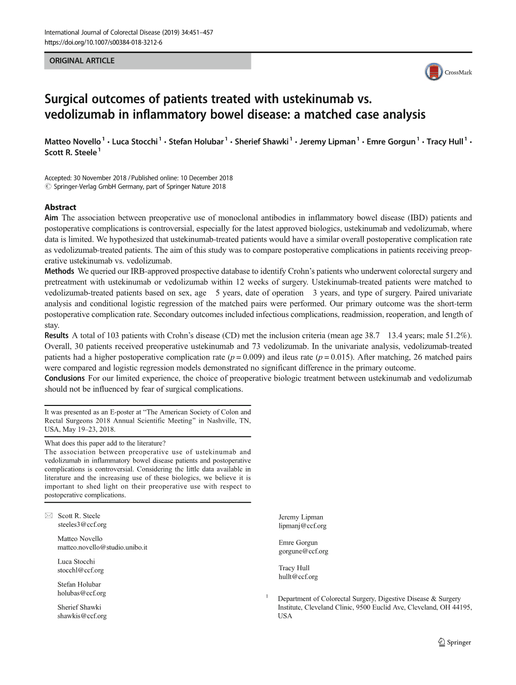 Surgical Outcomes of Patients Treated with Ustekinumab Vs. Vedolizumab in Inflammatory Bowel Disease: a Matched Case Analysis