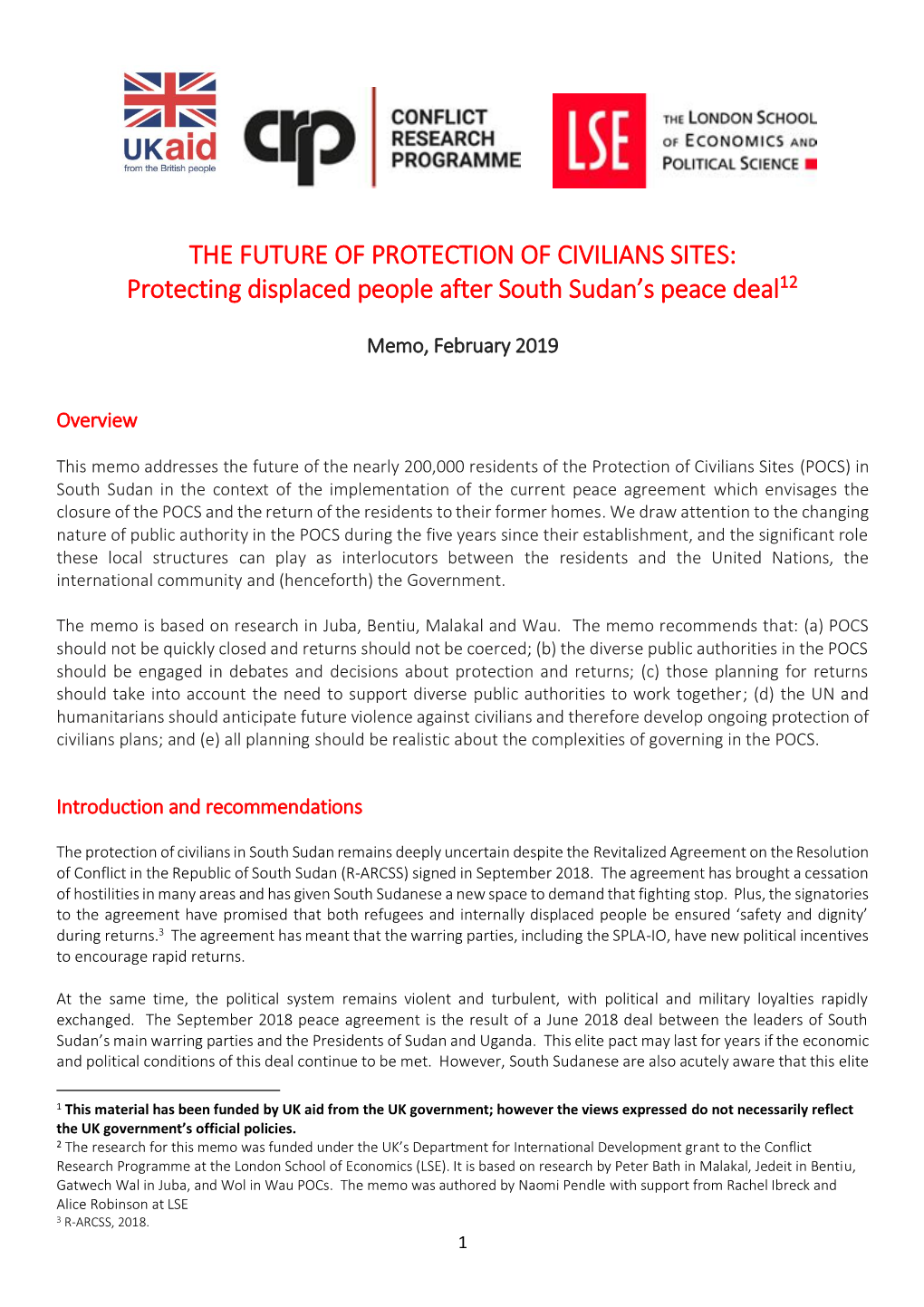 THE FUTURE of PROTECTION of CIVILIANS SITES: Protecting Displaced People After South Sudan’S Peace Deal12