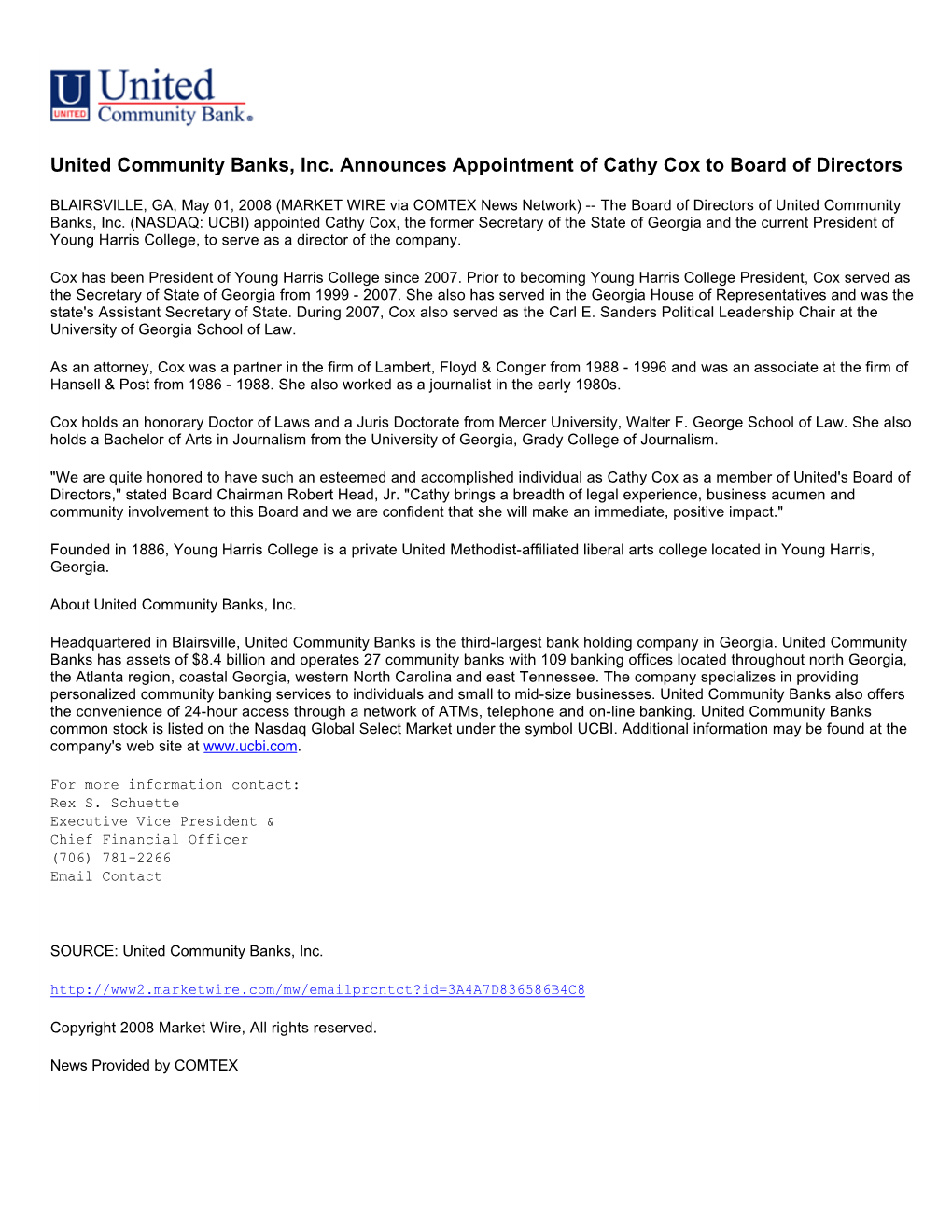 United Community Banks, Inc. Announces Appointment of Cathy Cox to Board of Directors