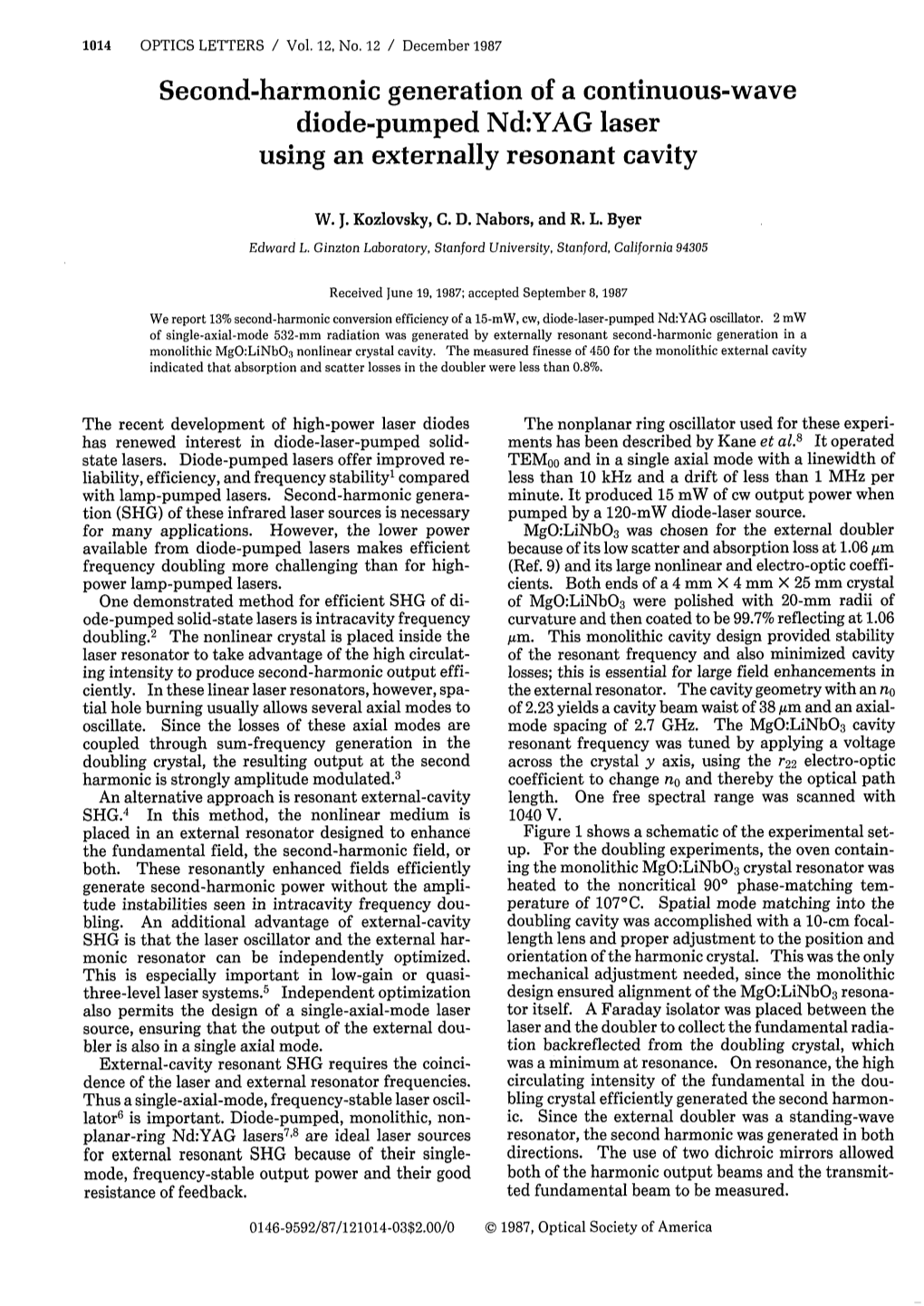 Second-Harmonic Generation of a Continuous-Wave Diode-Pumped Nd:YAG Laser Using an Externally Resonant Cavity