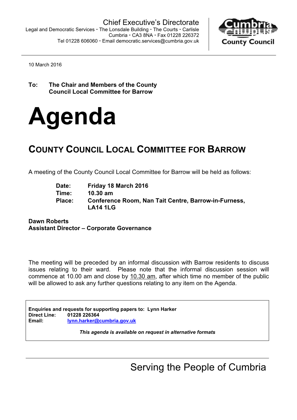 Agenda Document for County Council Local Committee for Barrow, 18/03