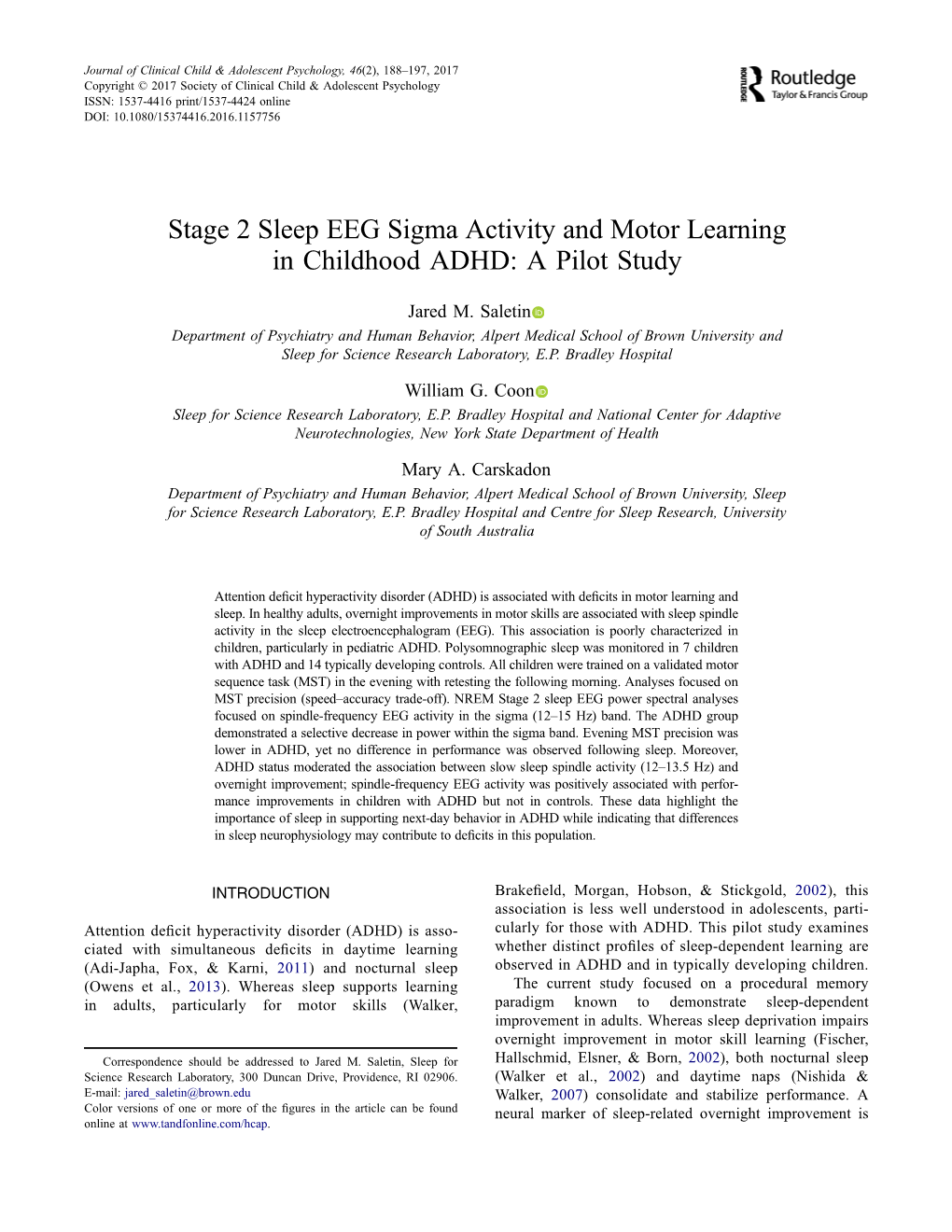 Stage 2 Sleep EEG Sigma Activity and Motor Learning in Childhood ADHD: a Pilot Study