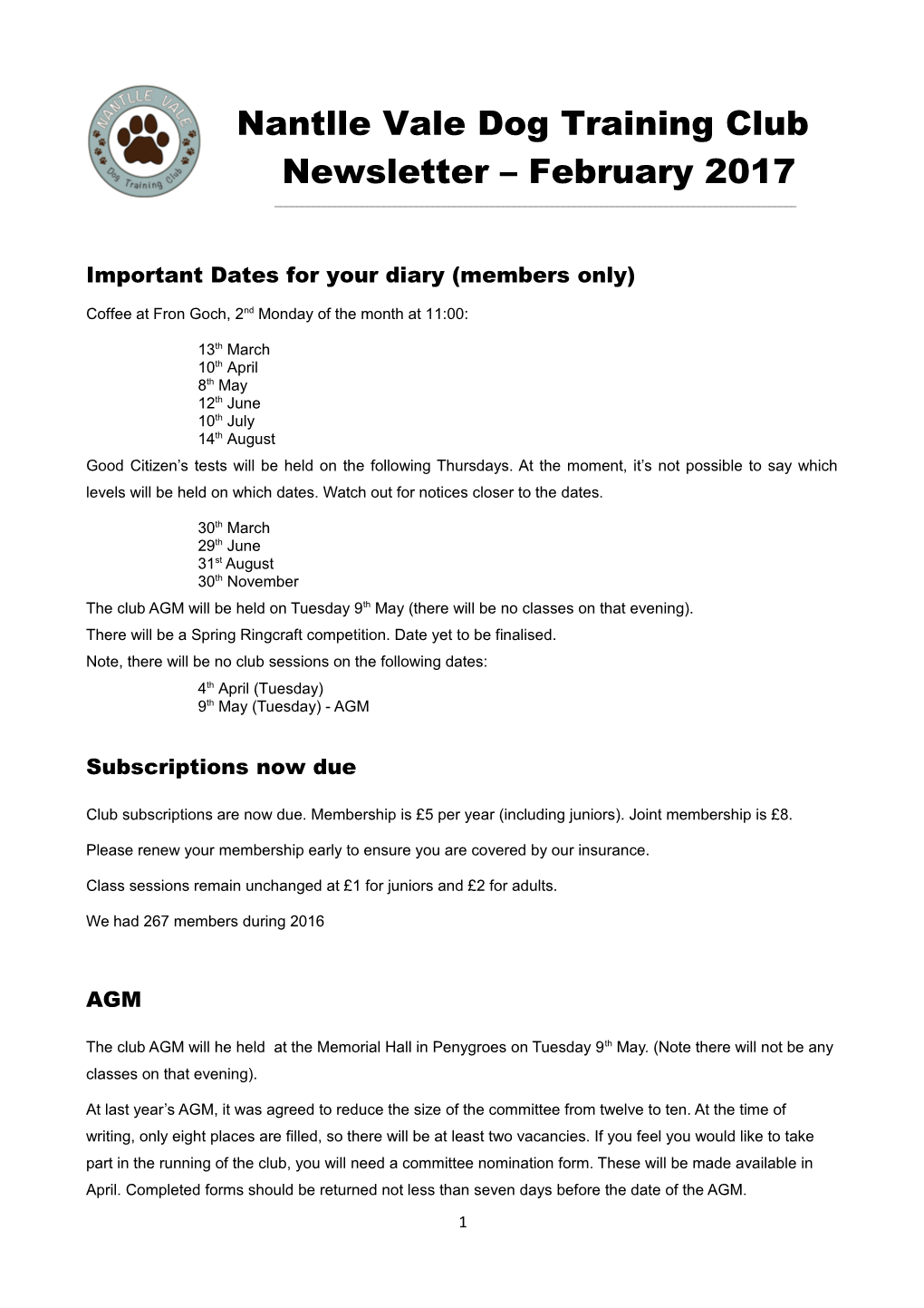 Nantlle Vale Dog Training Club Newsletter – February 2017 ______