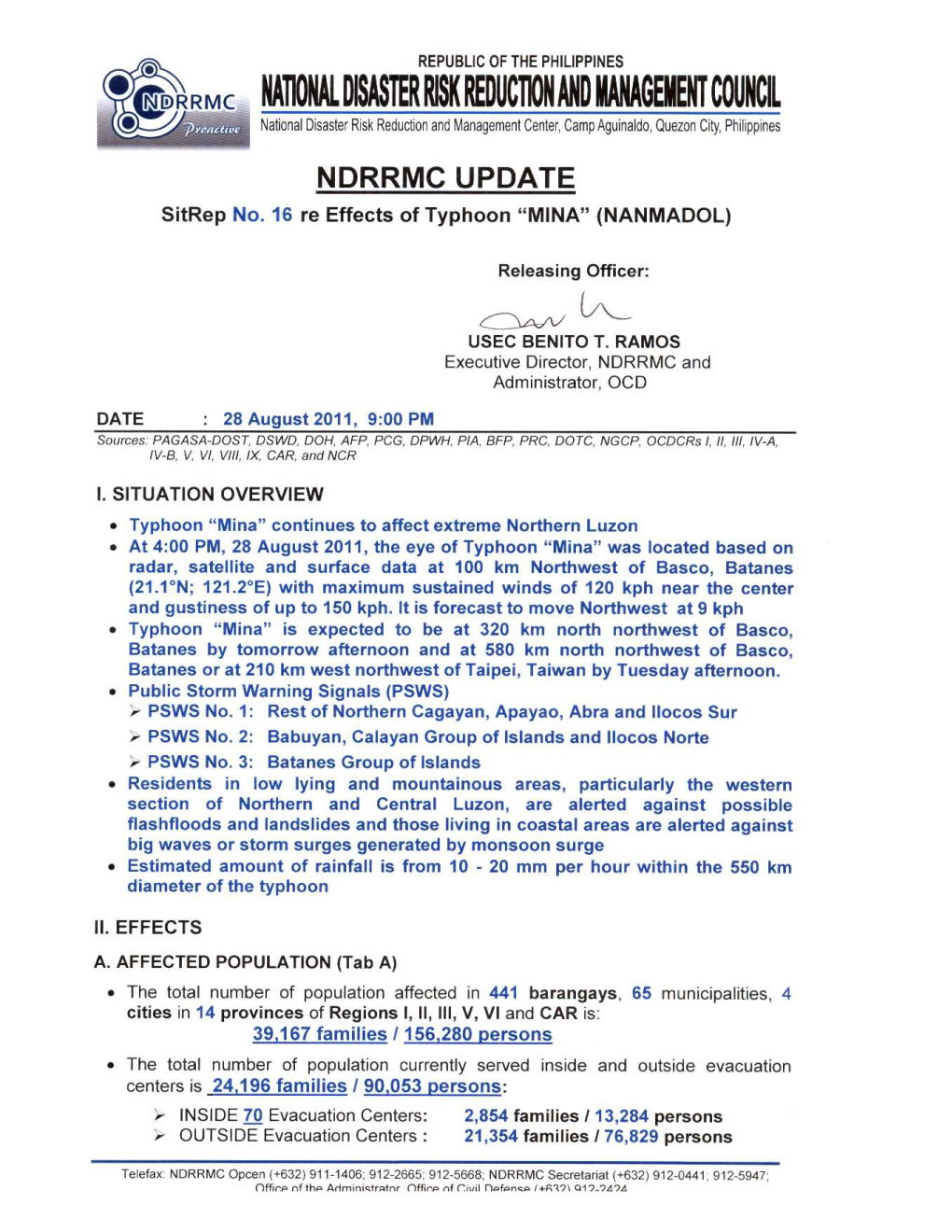 NDRRMC Update Re Sitrep No 16 Re TY MINA 28 August 2011