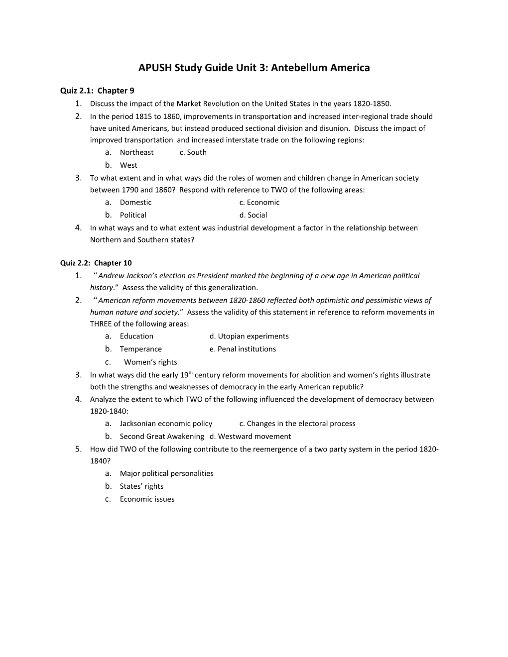 APUSH Study Guide Unit 3: Antebellum America