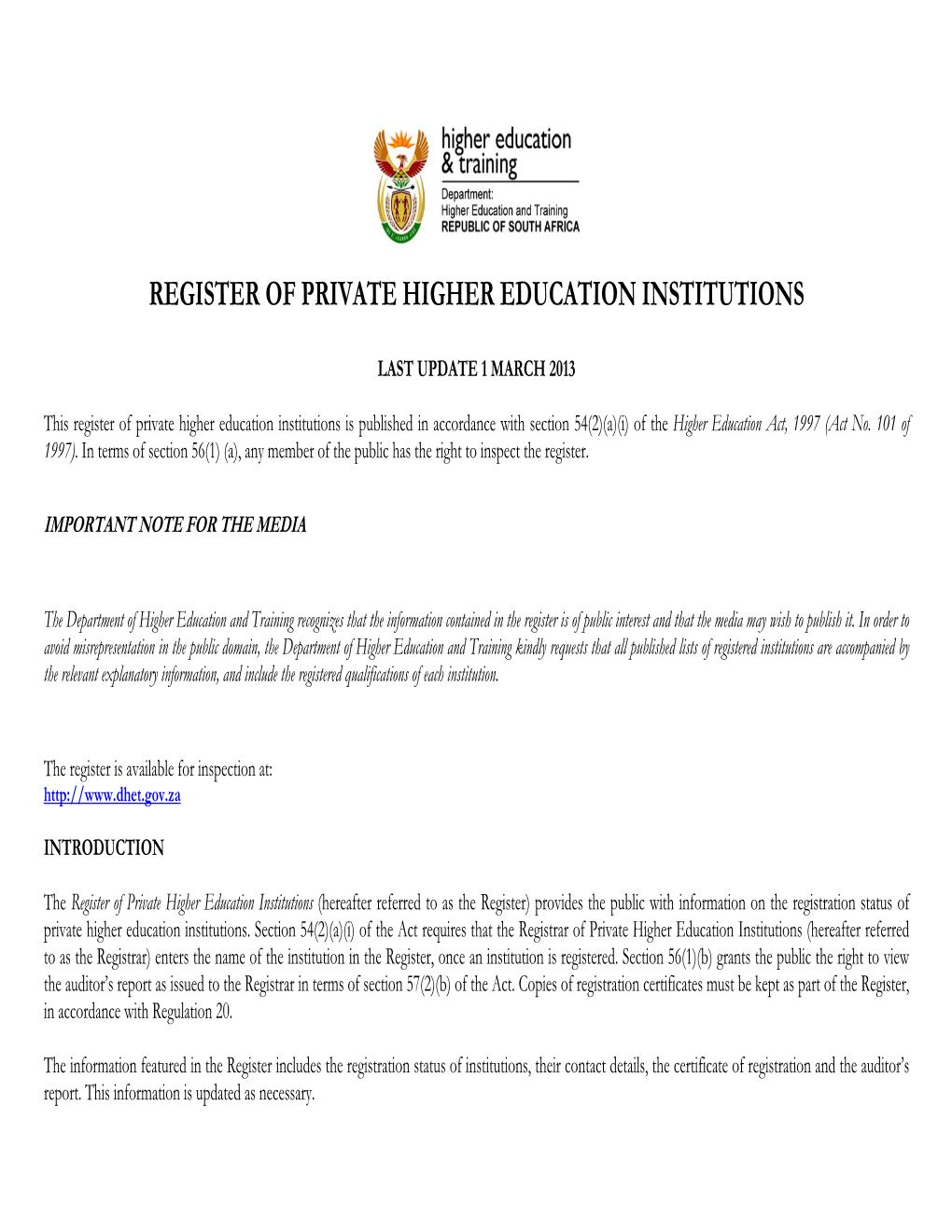 Register of Private Higher Education Institutions