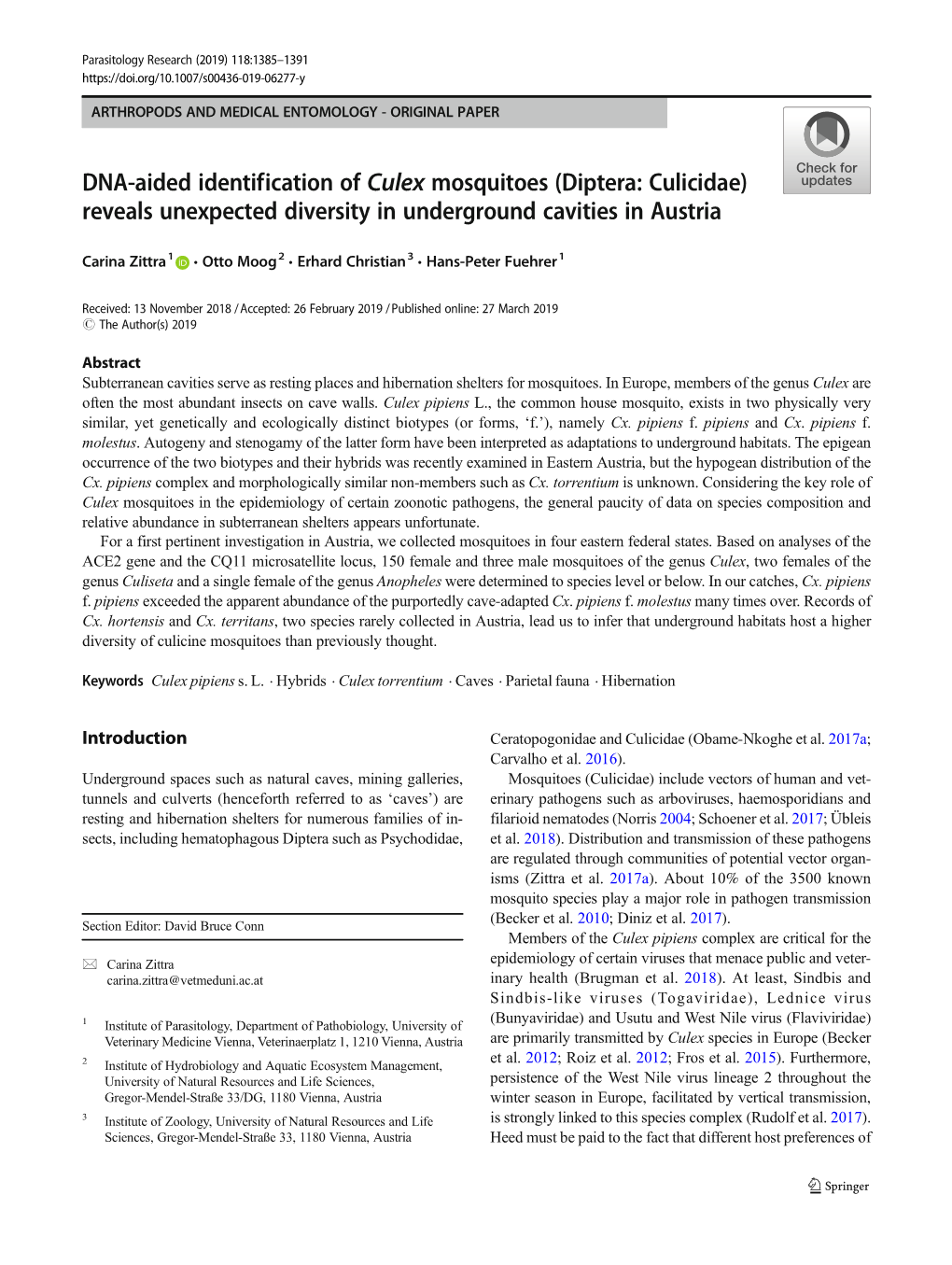 DNA-Aided Identification of Culex Mosquitoes (Diptera: Culicidae) Reveals Unexpected Diversity in Underground Cavities in Austria