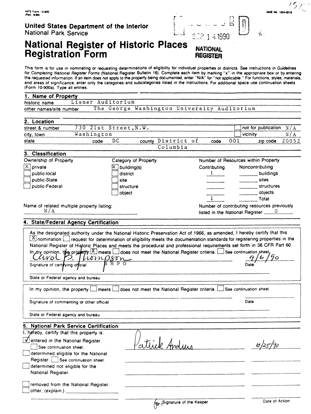 National Register of Historic Places Lisner Auditorium Continuation Sheet Washington, B.C