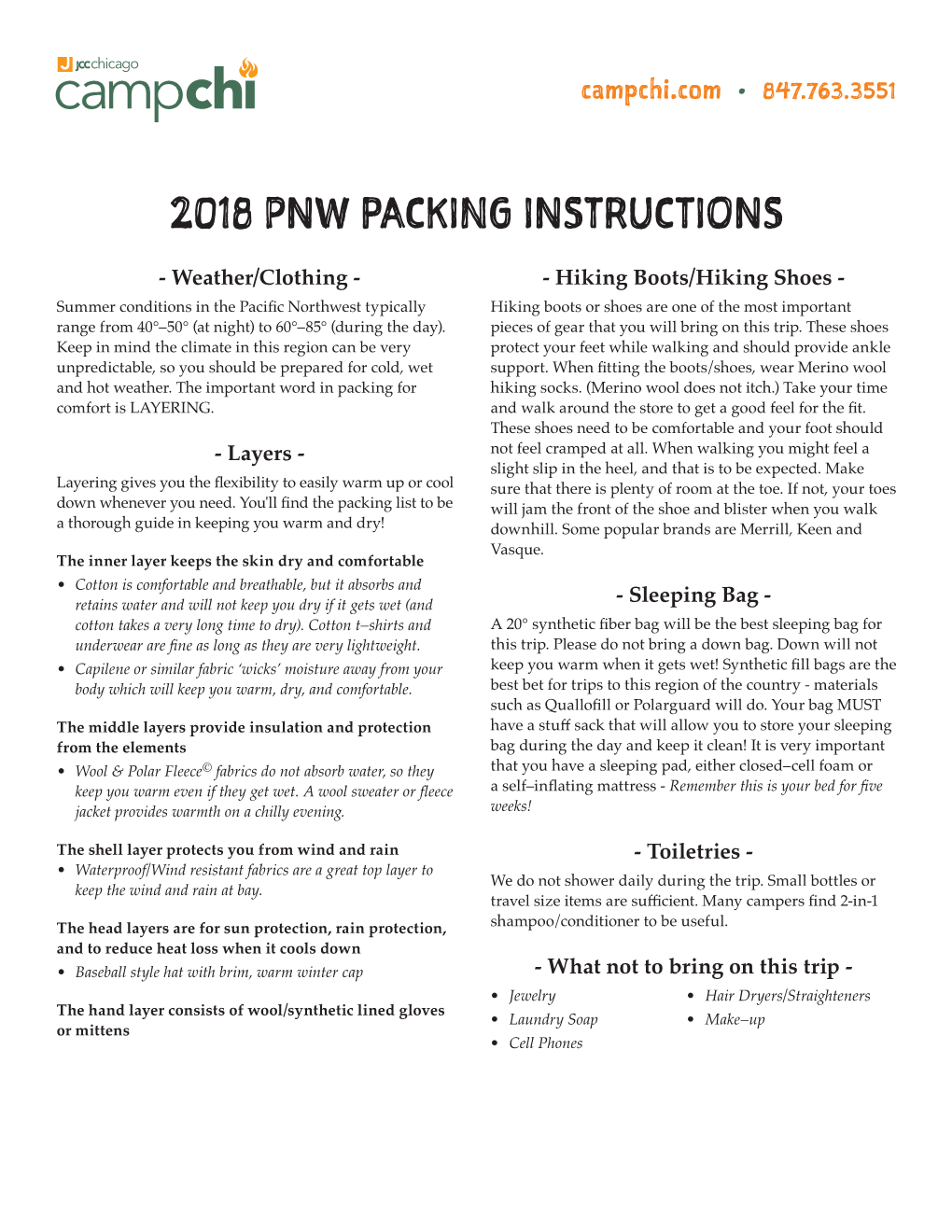 2018 Pnw Packing Instructions