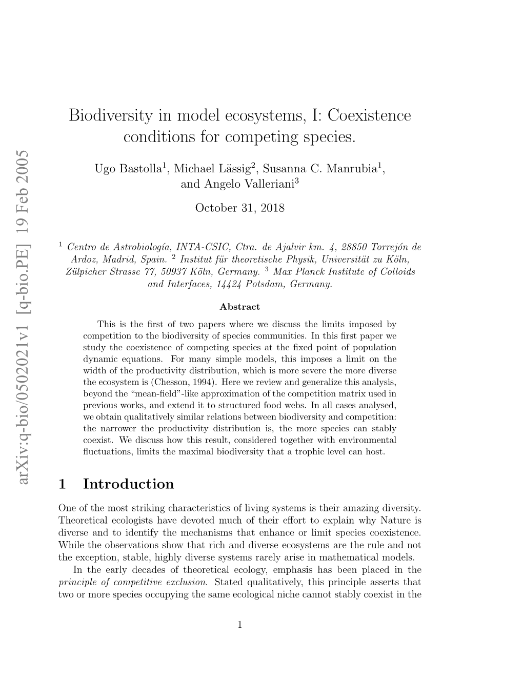 Biodiversity in Model Ecosystems, I: Coexistence Conditions For