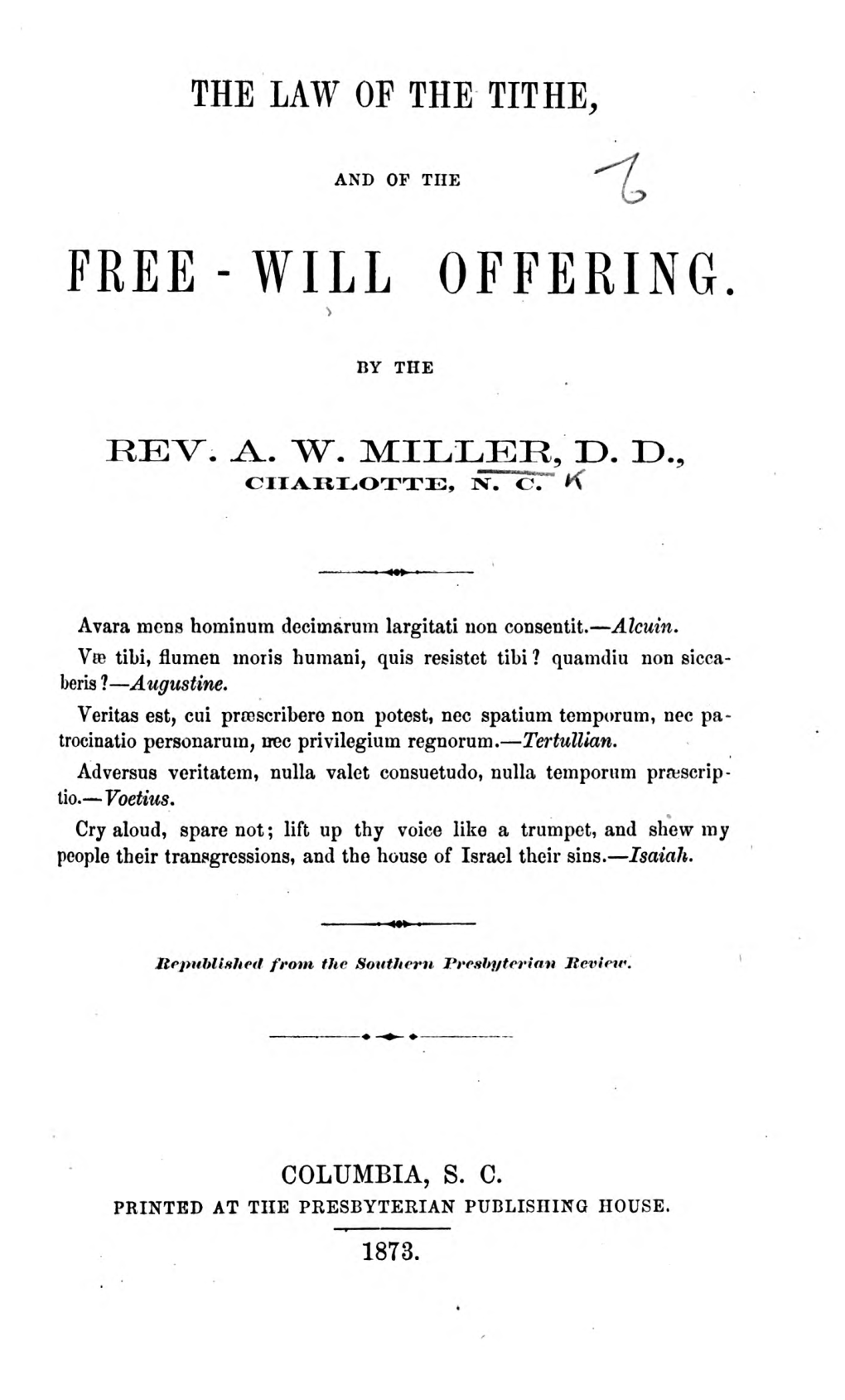 The Law of the Tithe, and of the Free-Will Offering