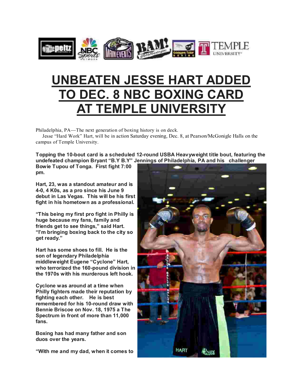 Unbeaten Jesse Hart Added to Dec. 8 Nbc Boxing Card at Temple University