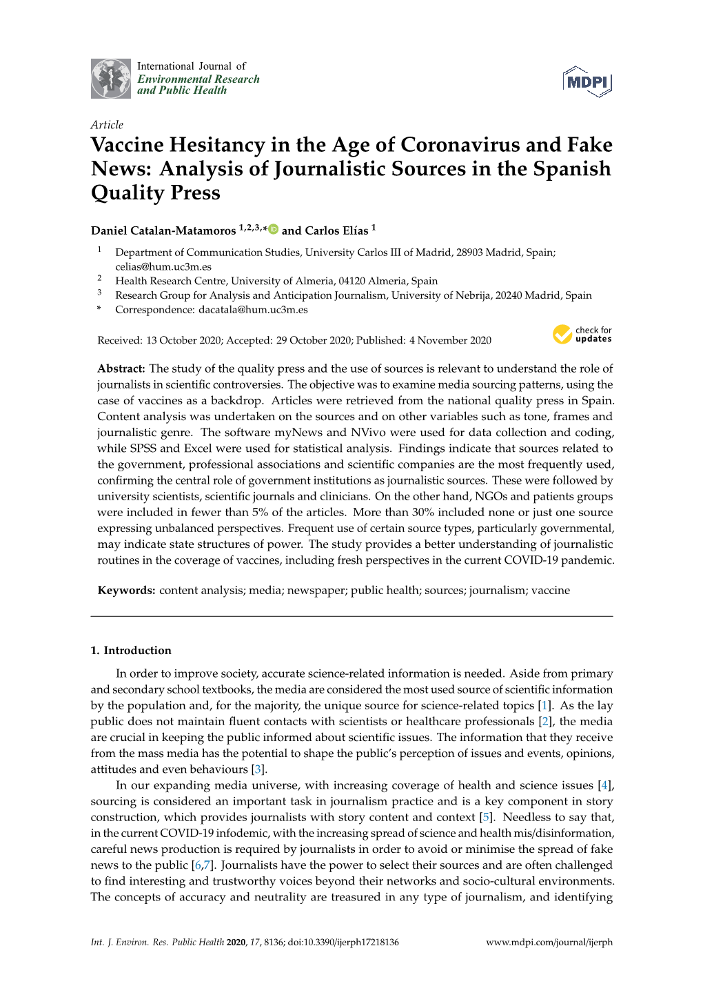 Vaccine Hesitancy in the Age of Coronavirus and Fake News: Analysis of Journalistic Sources in the Spanish Quality Press