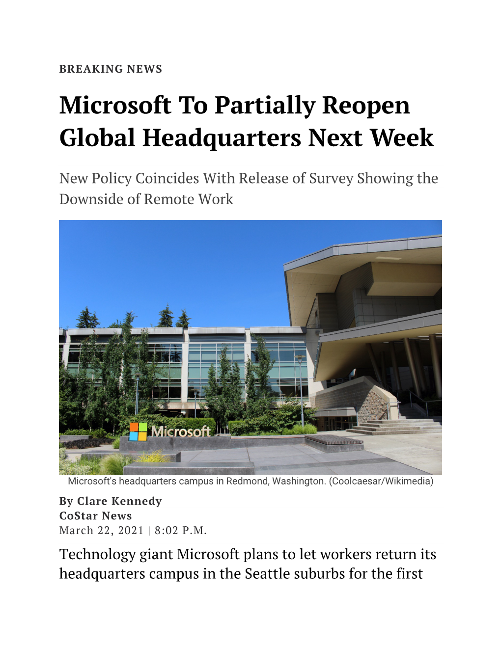 Microsoft to Partially Reopen Global Headquarters Next Week