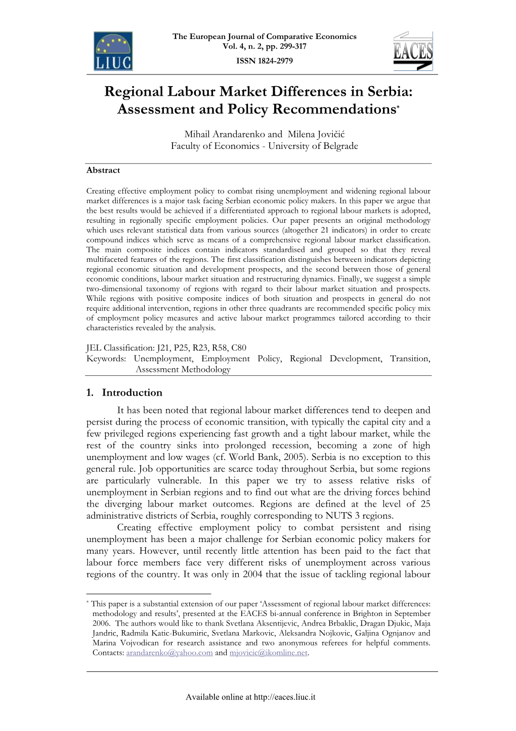 Regional Labour Market Differences in Serbia: Assessment and Policy Recommendations*