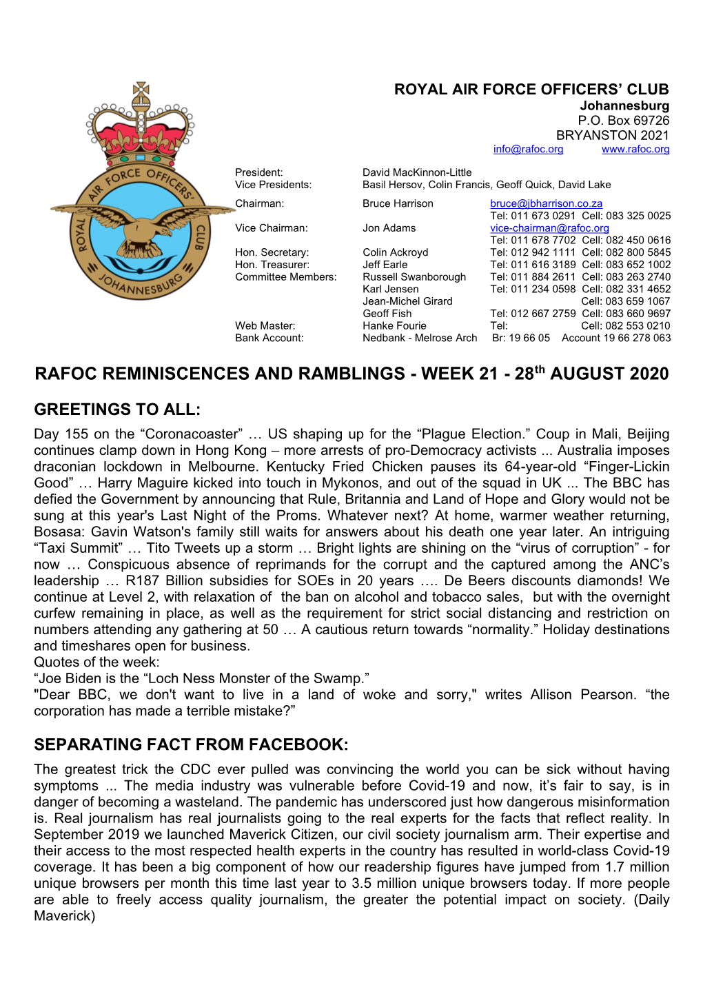 RAFOC REMINISCENCES and RAMBLINGS - WEEK 21 - 28Th AUGUST 2020