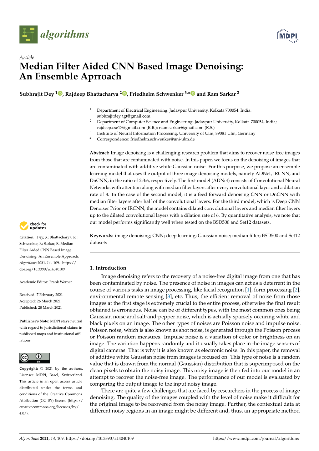 Median Filter Aided CNN Based Image Denoising: an Ensemble Aprroach