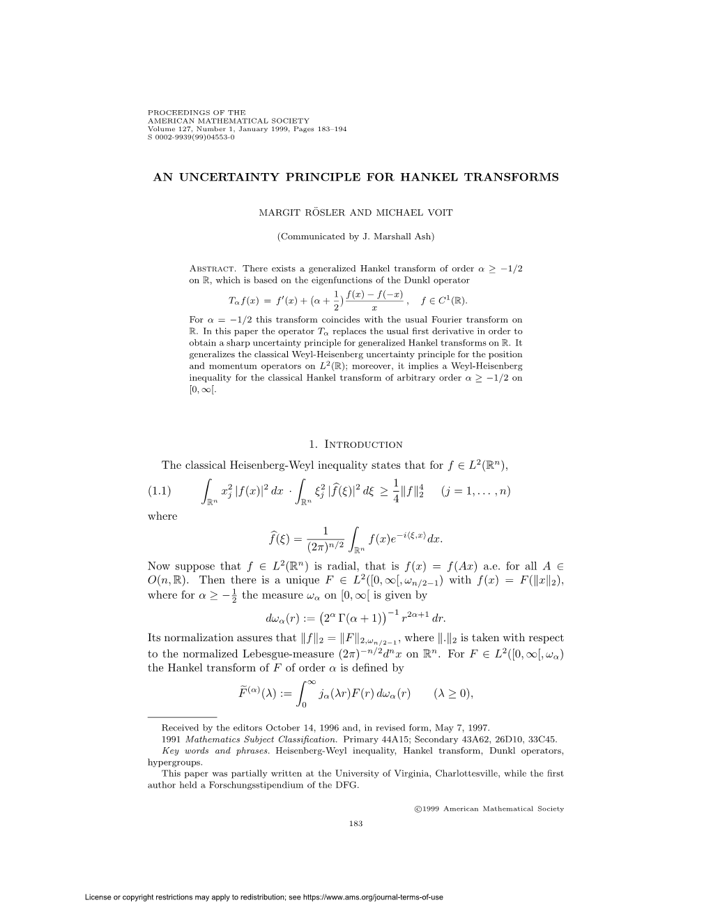 An Uncertainty Principle for Hankel Transforms 185