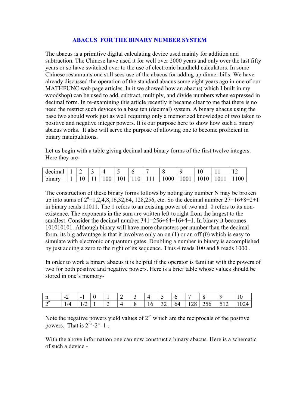 Abacus for the Binary Number System