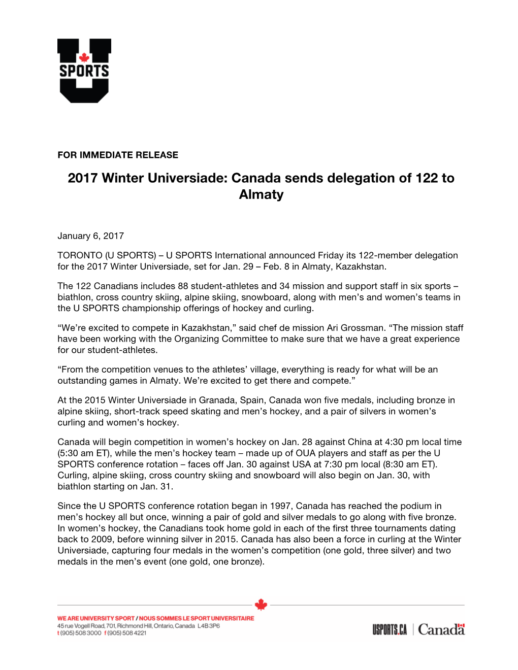 2017 Winter Universiade: Canada Sends Delegation of 122 to Almaty