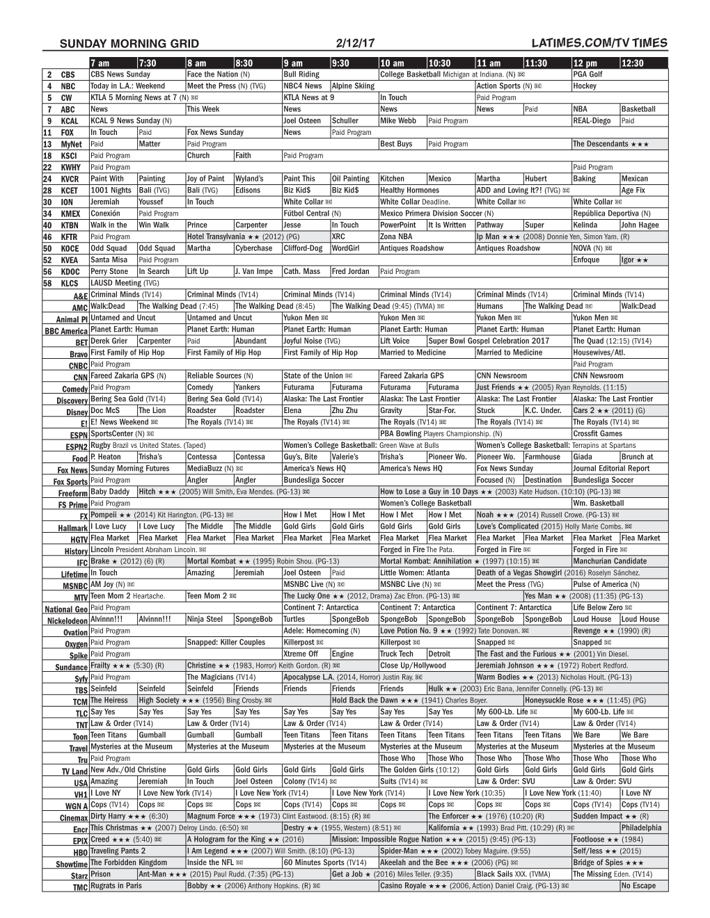 Sunday Morning Grid 2/12/17 Latimes.Com/Tv Times