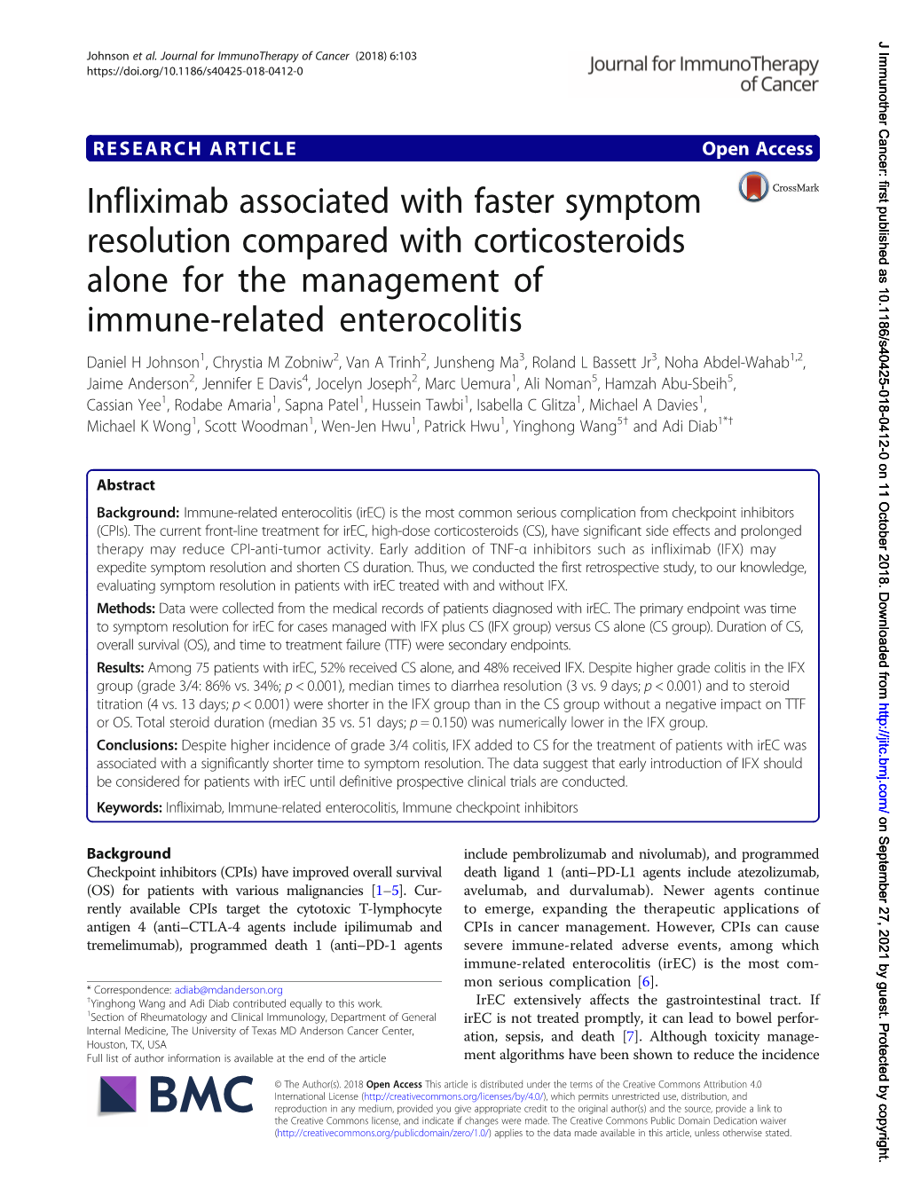 Infliximab Associated with Faster Symptom Resolution Compared with Corticosteroids Alone for the Management of Immune-Related Enterocolitis Daniel H