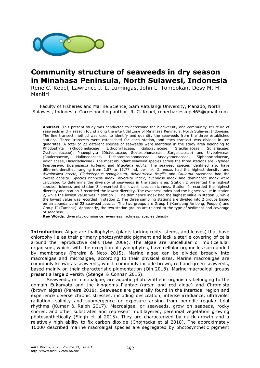 Community Structure of Seaweeds in Dry Season in Minahasa Peninsula, North Sulawesi, Indonesia. AACL Bioflux 13(1):392-402