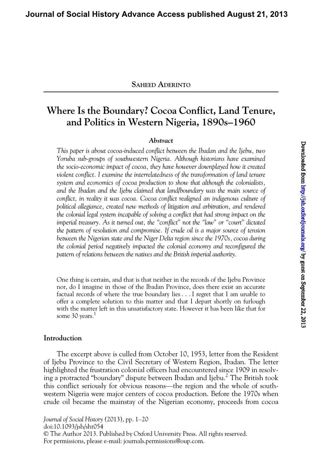 Cocoa Conflict, Land Tenure, and Politics in Western Nigeria, 1890S–1960