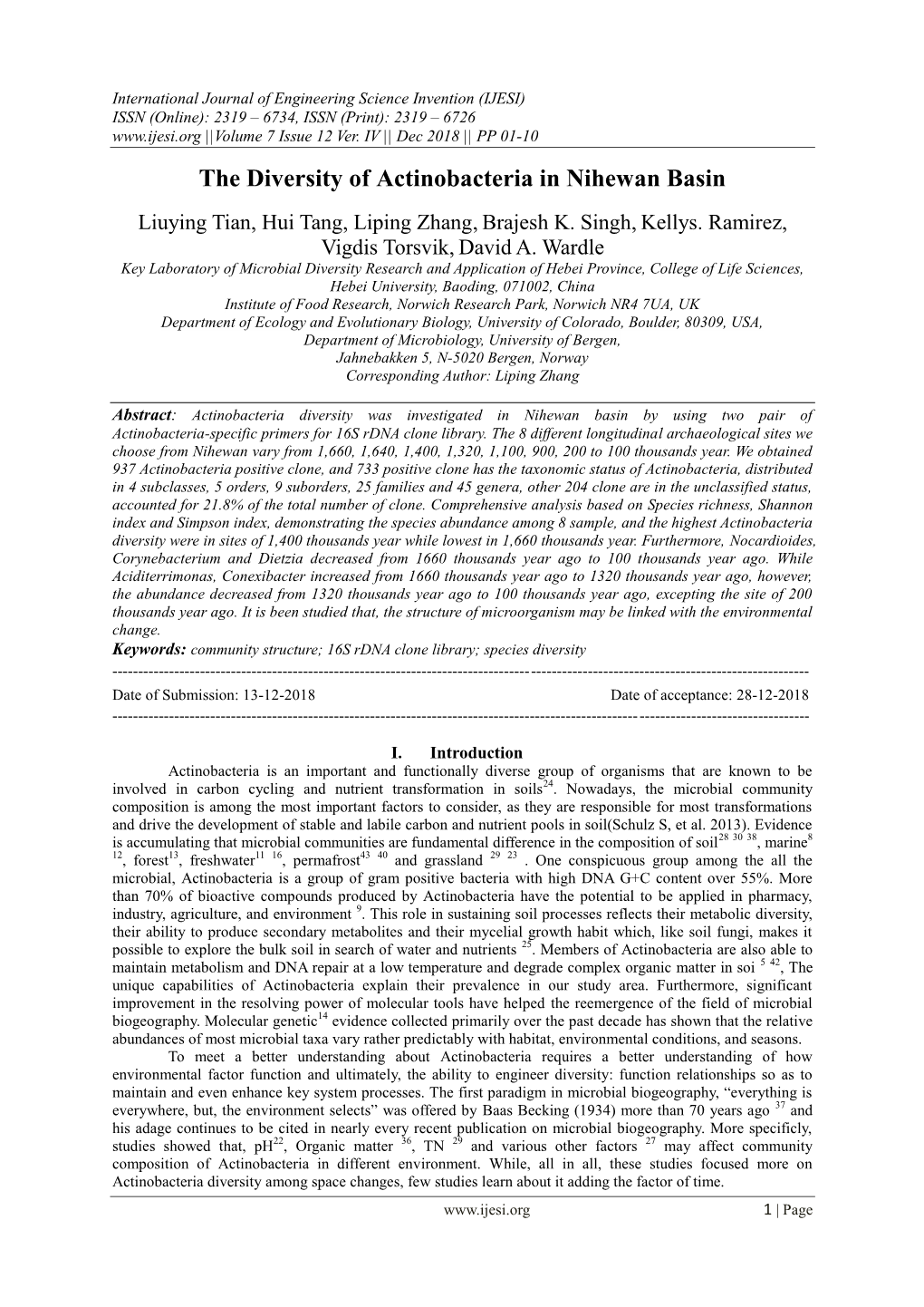 The Diversity of Actinobacteria in Nihewan Basin