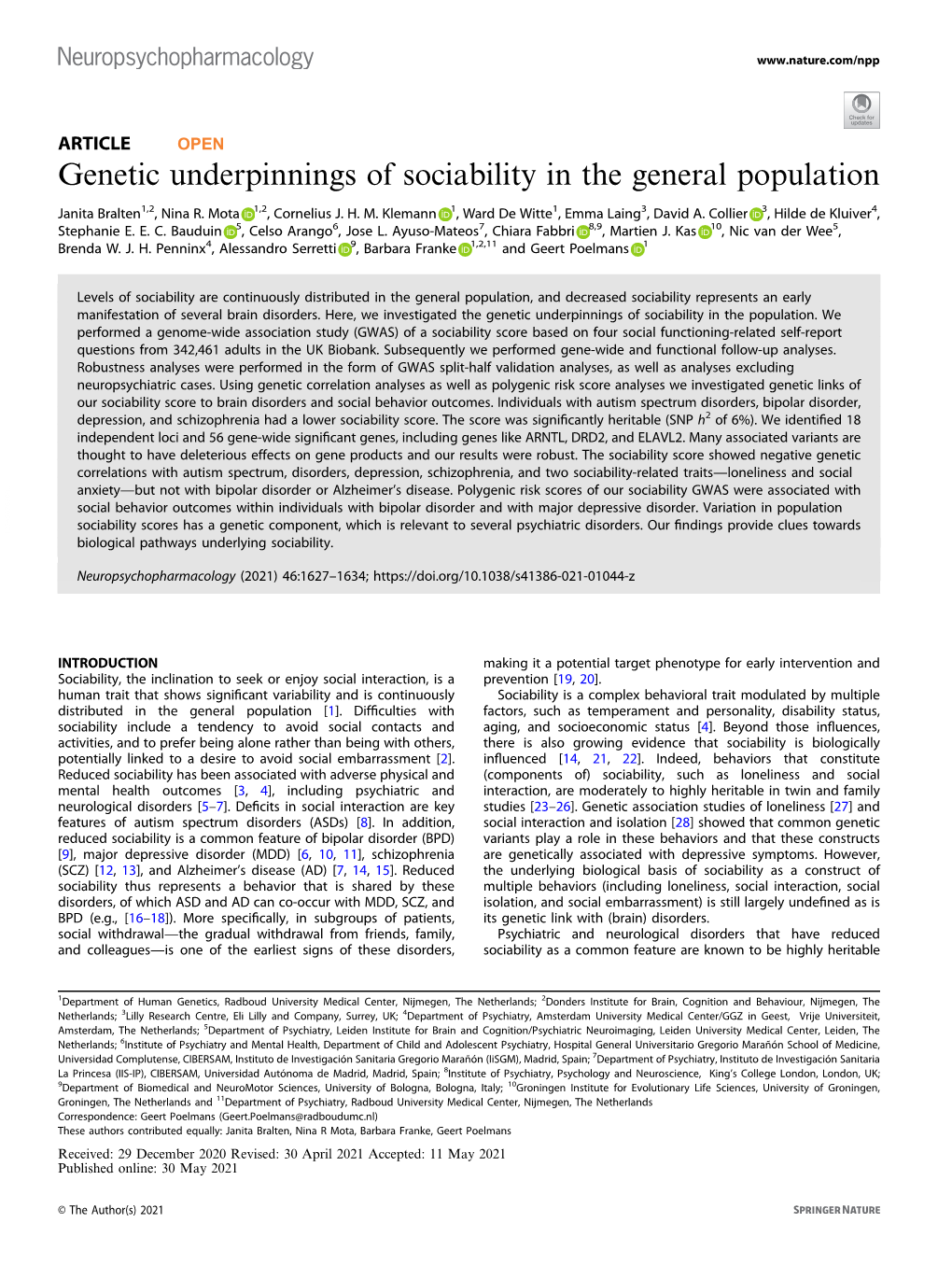 Genetic Underpinnings of Sociability in the General Population