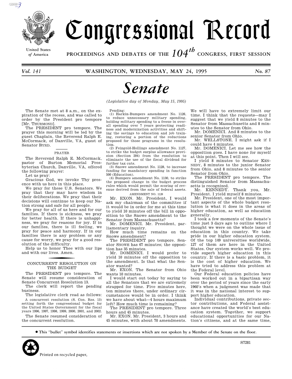 Congressional Record United States Th of America PROCEEDINGS and DEBATES of the 104 CONGRESS, FIRST SESSION