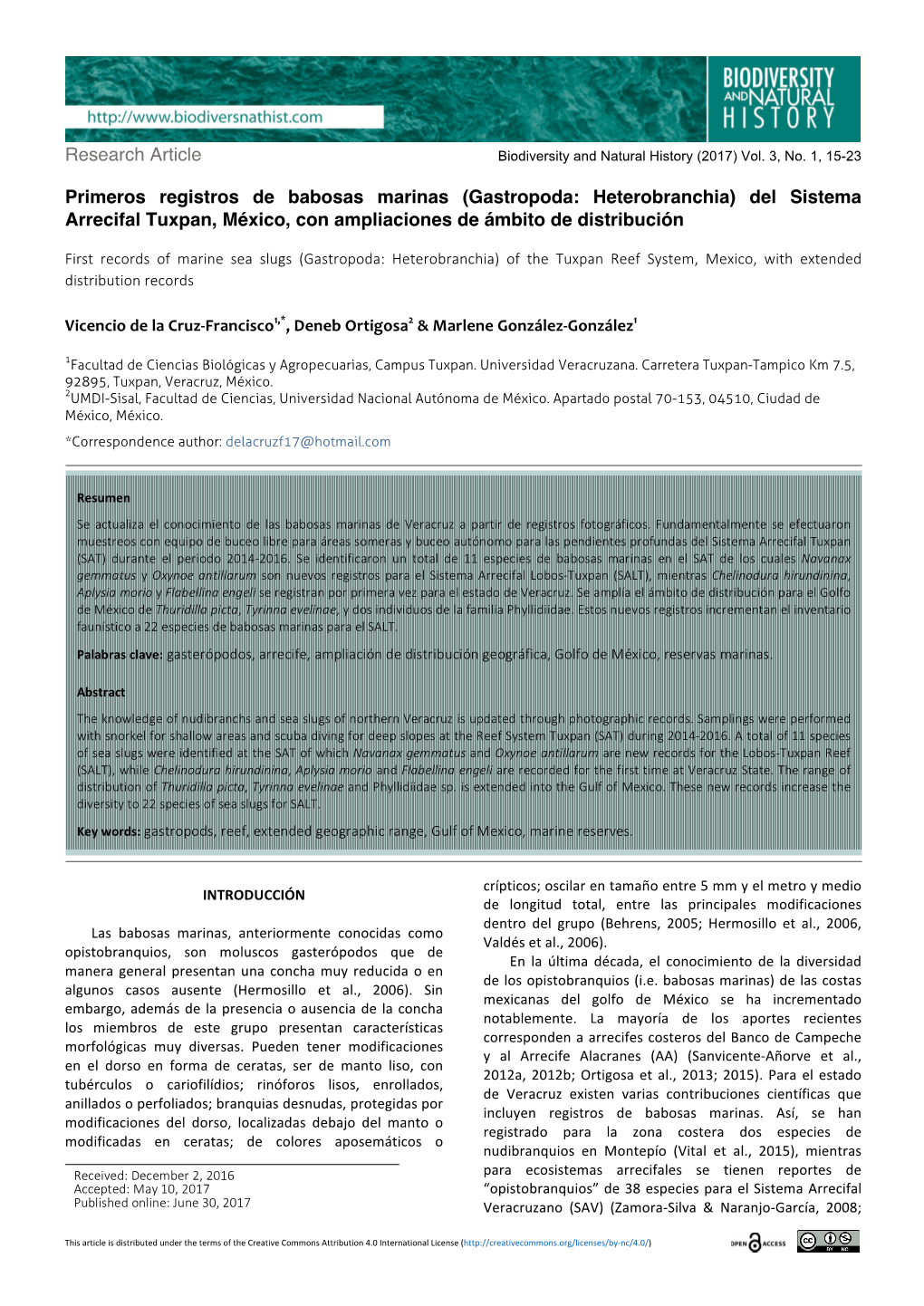 Primeros Registros De Babosas Marinas (Gastropoda: Heterobranchia) Del Sistema Arrecifal Tuxpan, México, Con Ampliaciones De Ámbito De Distribución