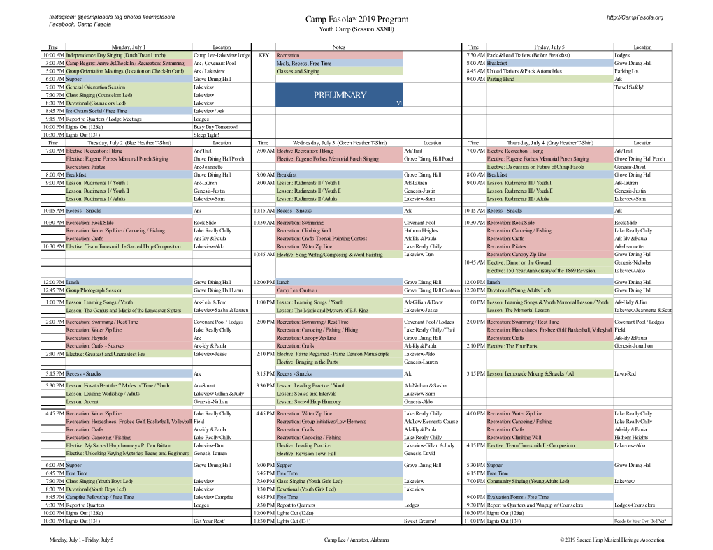 Camp Fasolatm 2019 Program PRELIMINARY