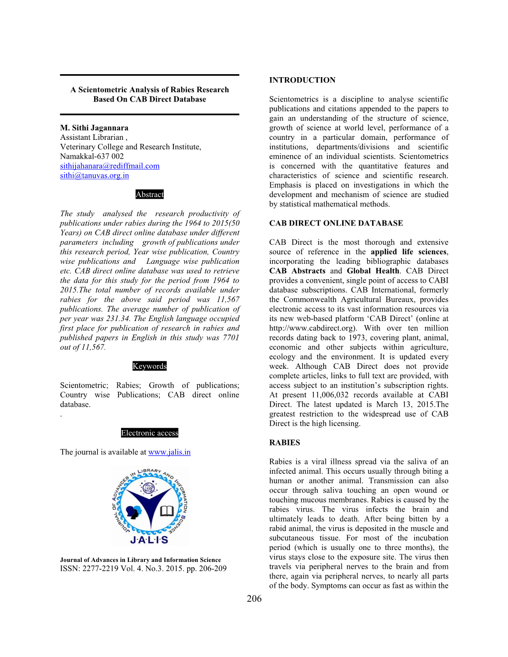 A Scientometric Analysis of Rabies Research Based on CAB Direct