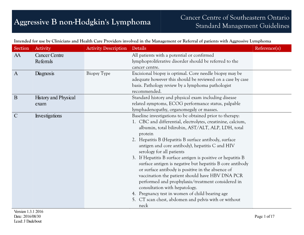 Aggressive B Non-Hodgkin's Lymphoma Standard Management Guidelines