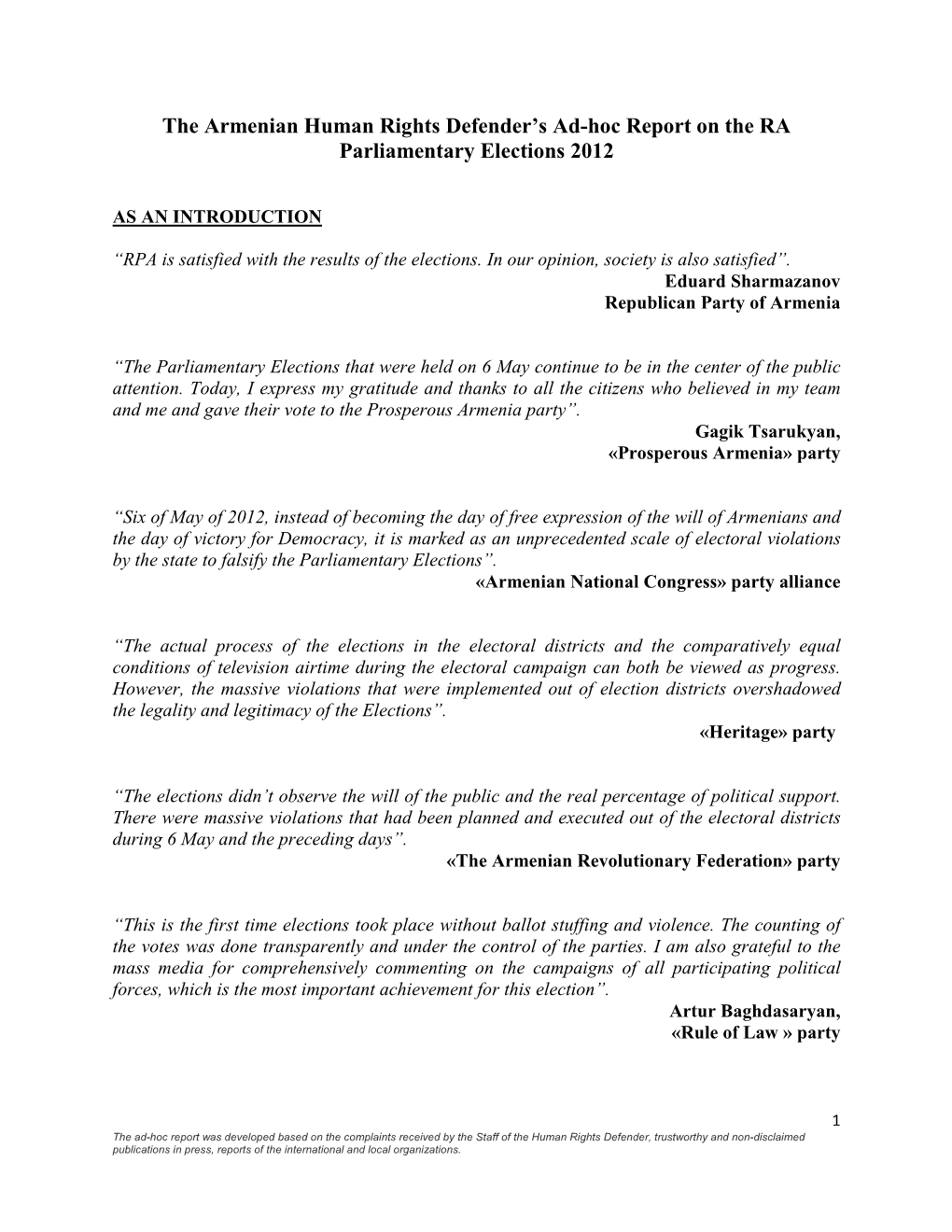 Armenian Human Rights Defender’S Ad-Hoc Report on the RA Parliamentary Elections 2012