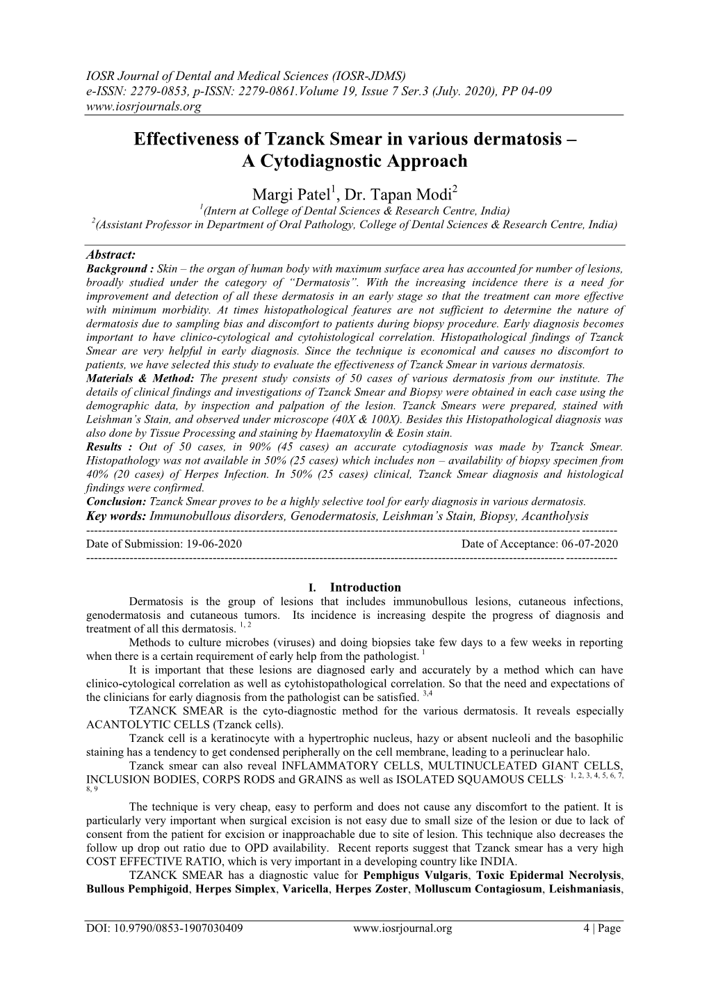 Effectiveness of Tzanck Smear in Various Dermatosis – a Cytodiagnostic Approach