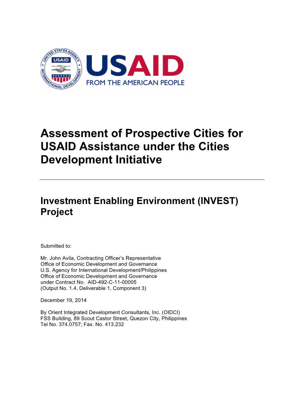 12-19-14 Assessment of Prospective Cities for USAID Assistance Under