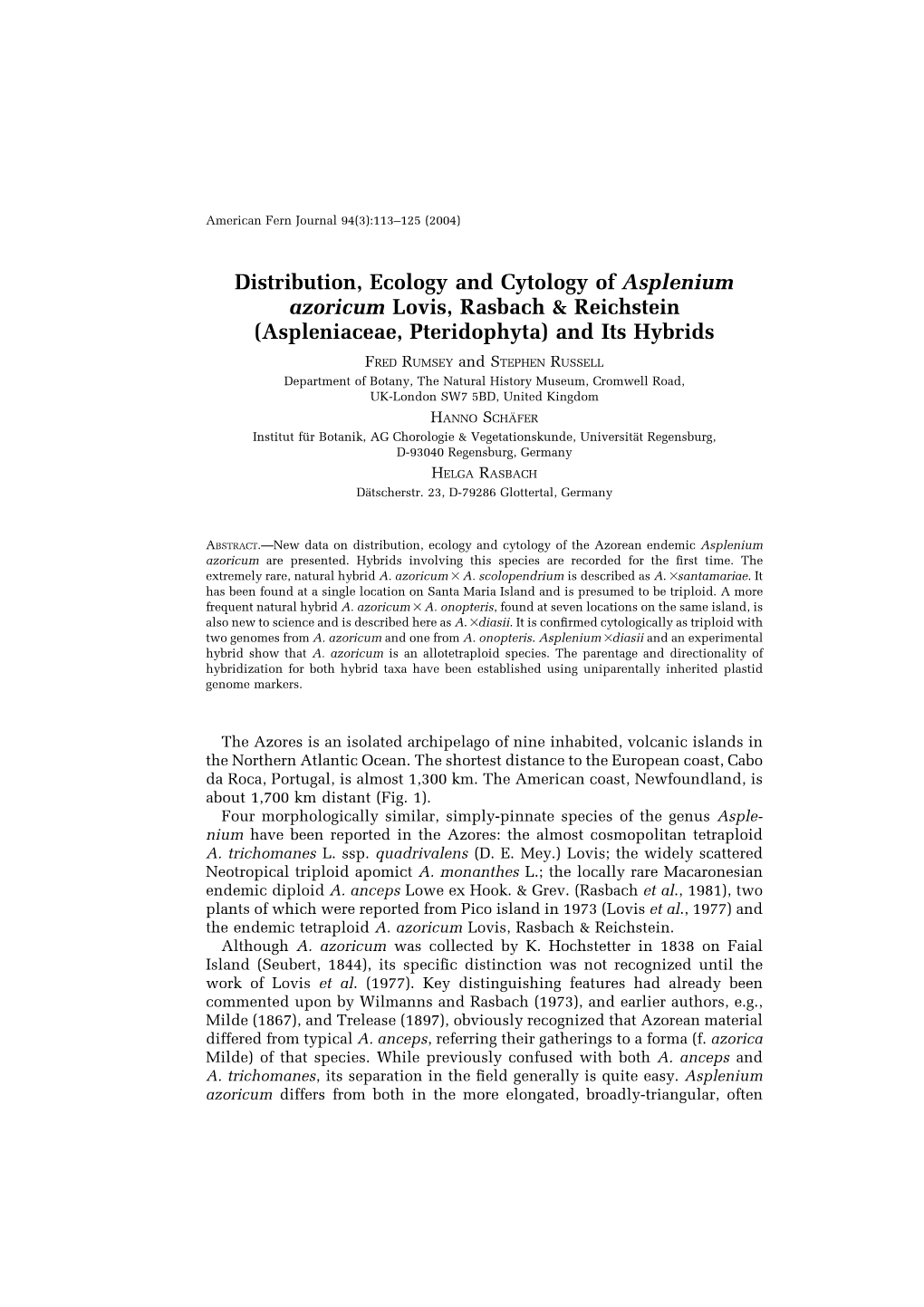 Distribution, Ecology and Cytology of Asplenium Azoricum Lovis, Rasbach & Reichstein