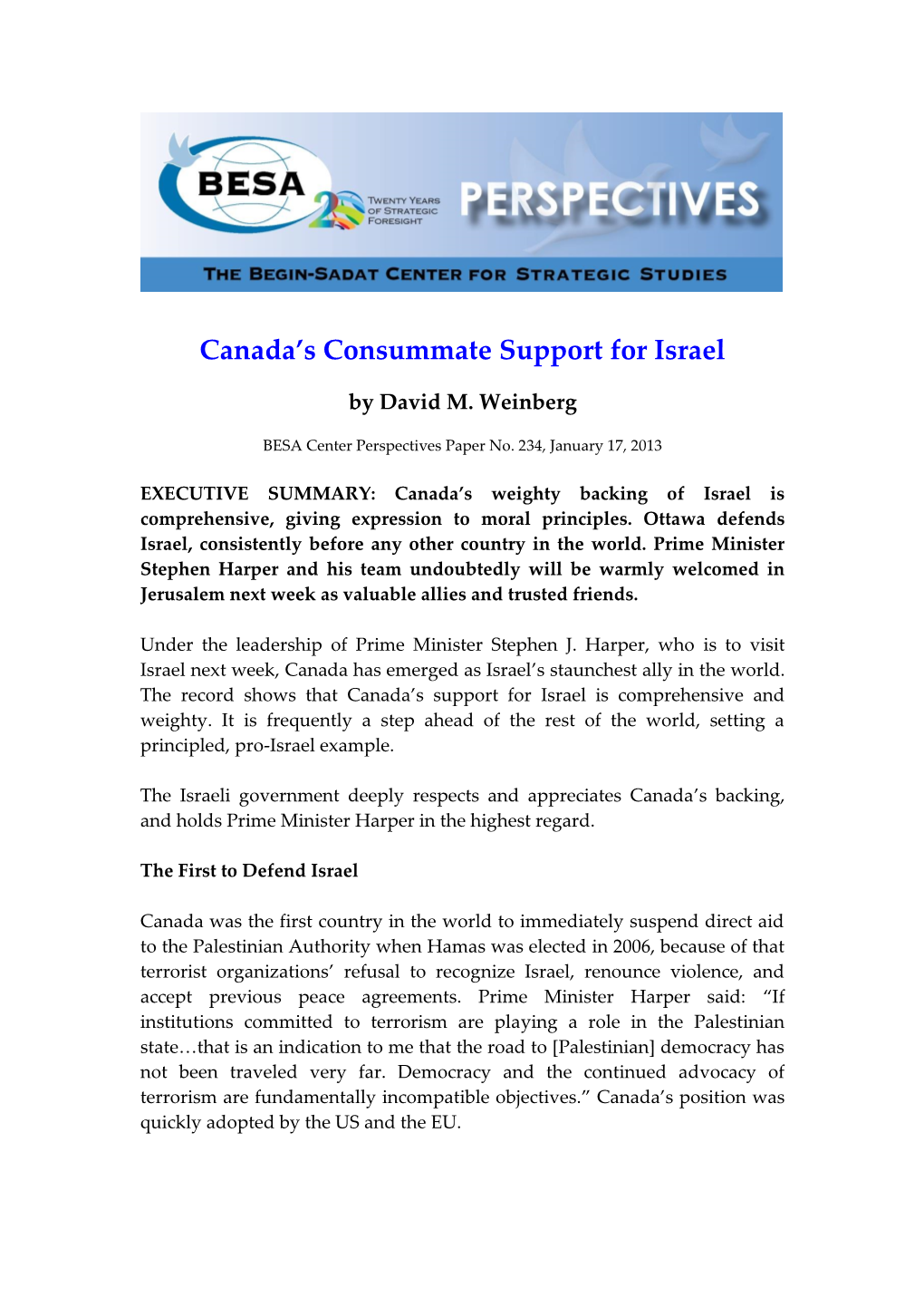 Canada's Consummate Support for Israel