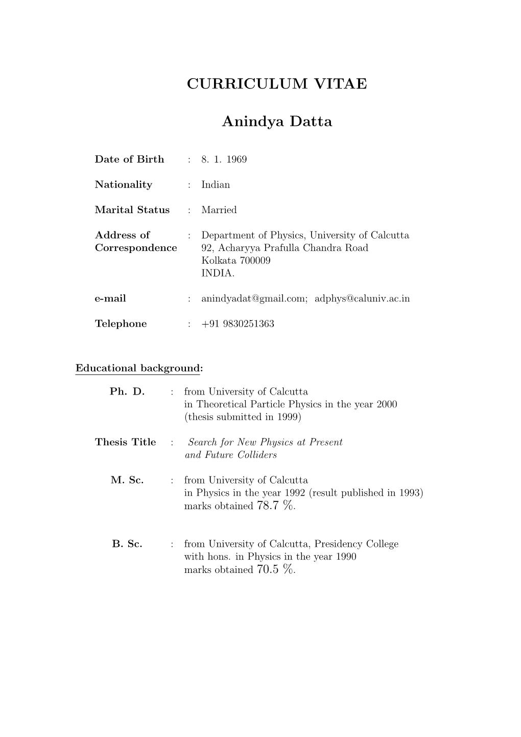 CURRICULUM VITAE Anindya Datta