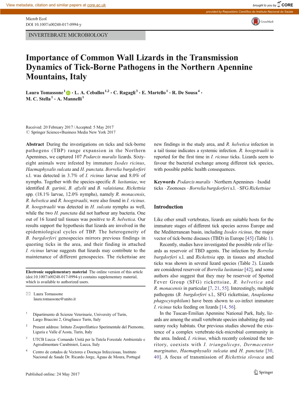 Importance of Common Wall Lizards in the Transmission Dynamics of Tick-Borne Pathogens in the Northern Apennine Mountains, Italy