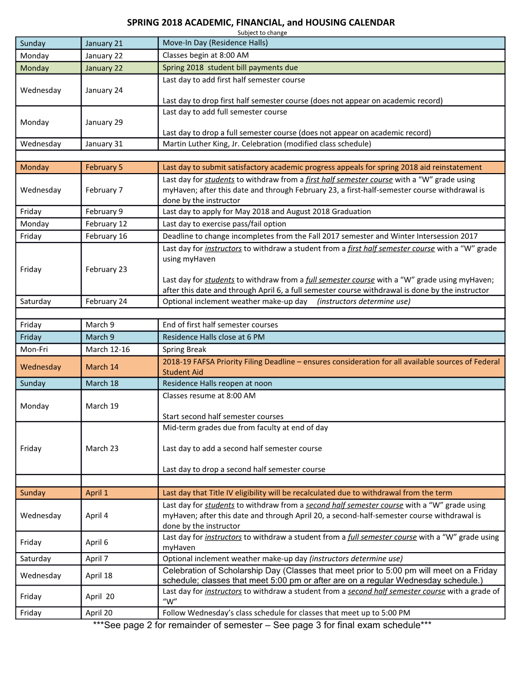 Spring Academic Calendar