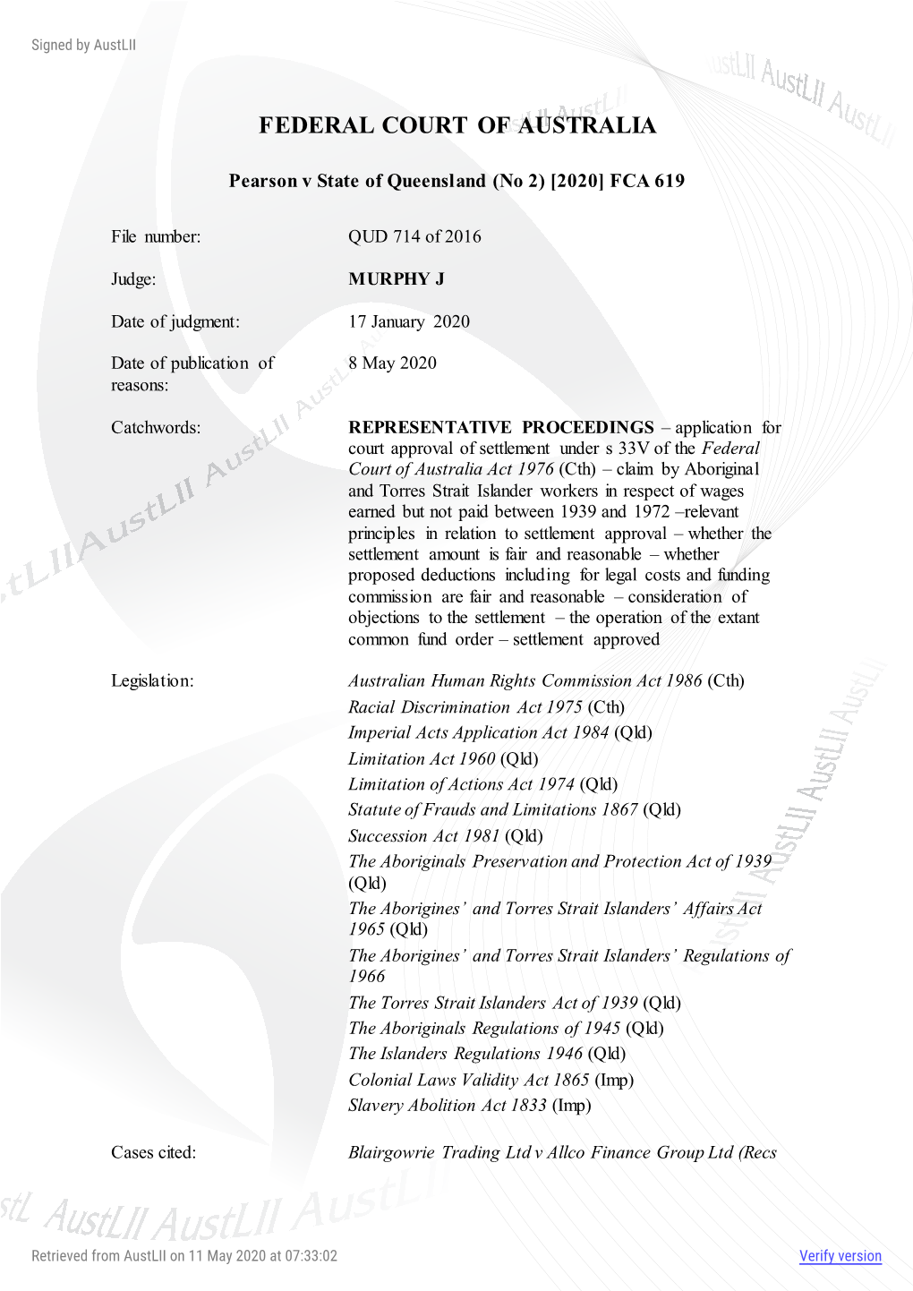 Pearson V State of Queensland (No 2) [2020] FCA 619