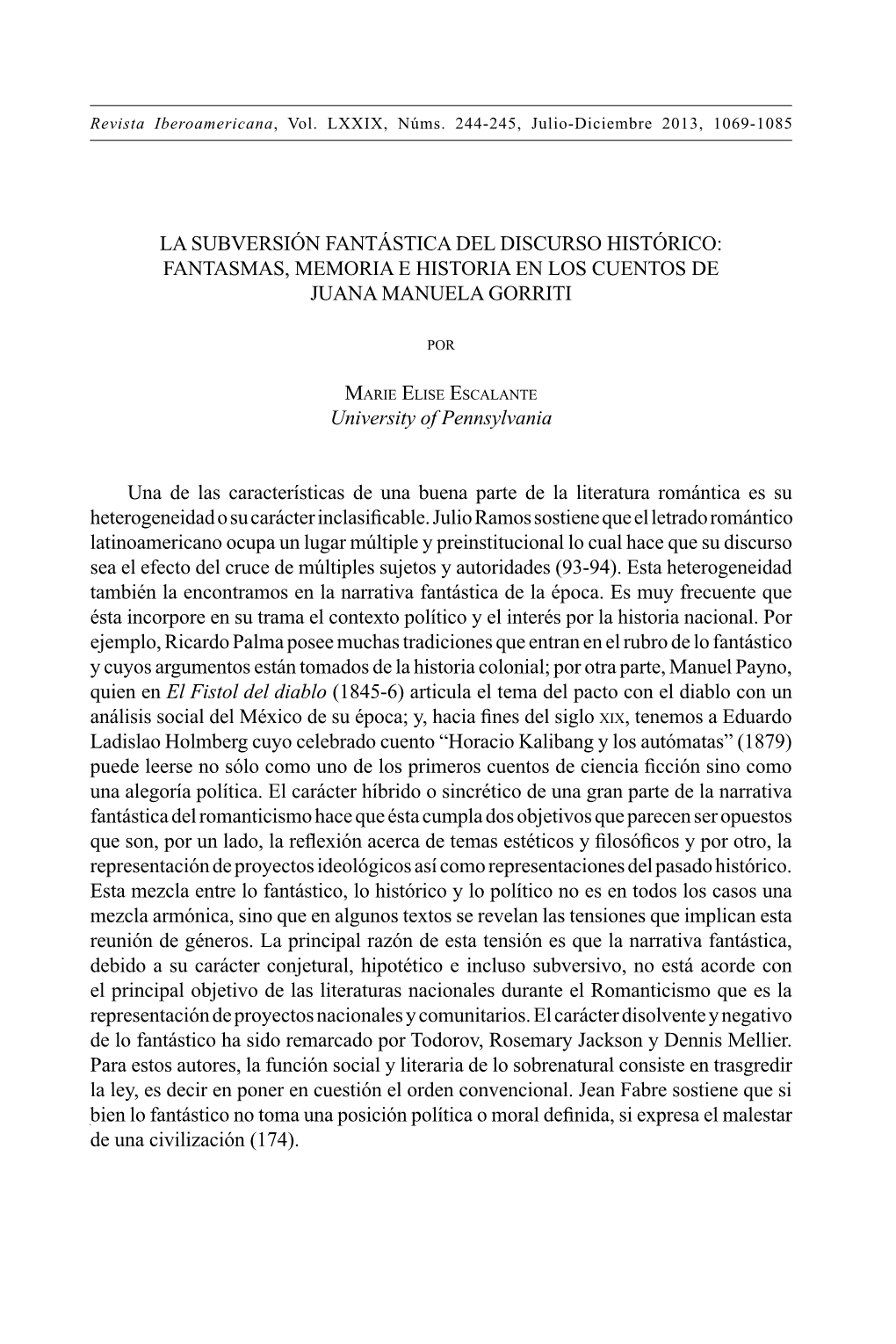 Fantasmas, Memoria E Historia En Los Cuentos De Juana Manuela Gorriti